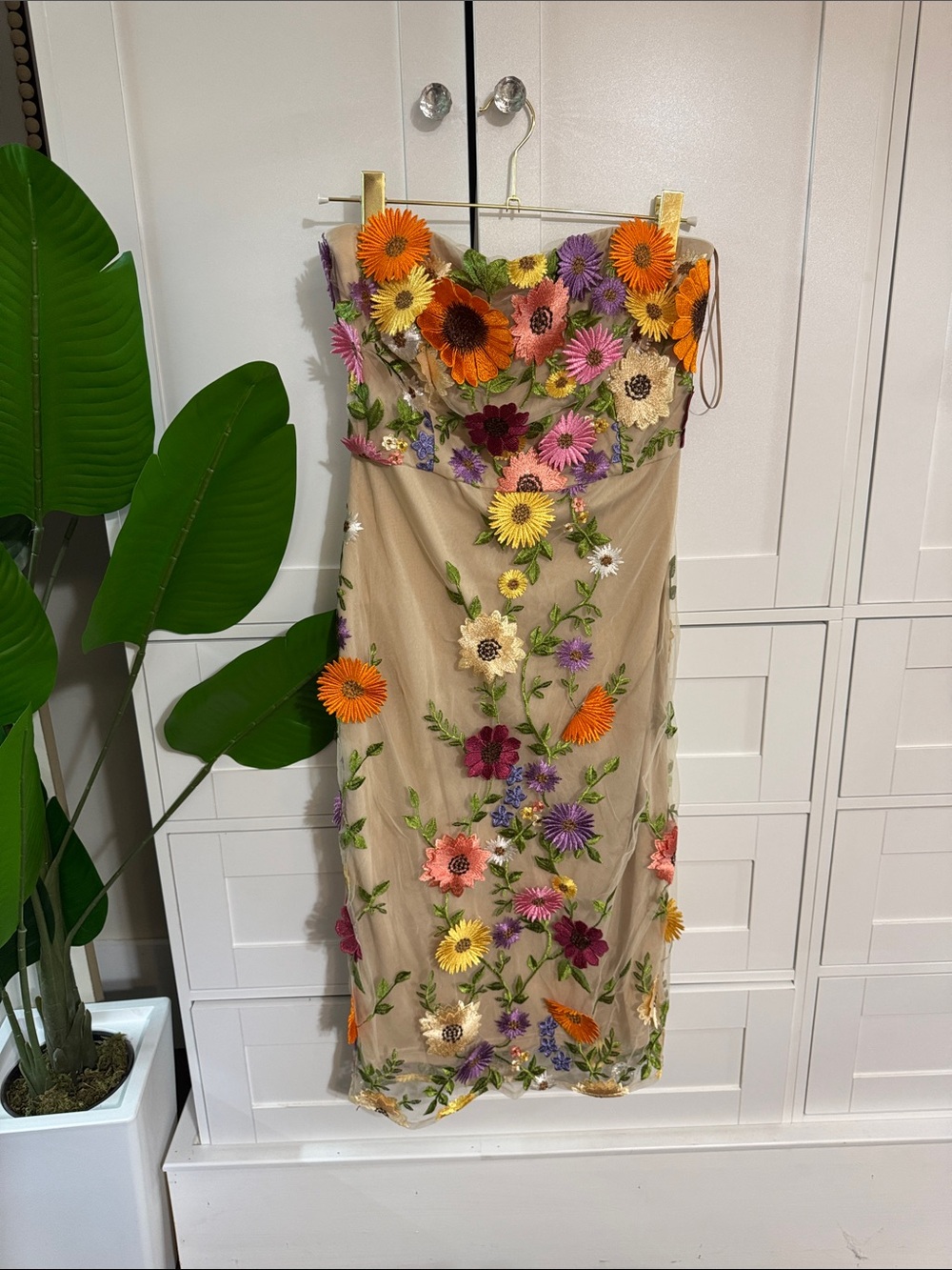 Vici Beige Midi Dress with Multicolor Floral Appliqué